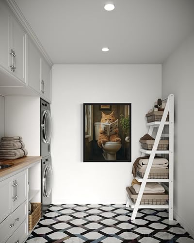 Image of Cat 3 on Toilet Black Framed Wall Art Print Poster, Dog Bathroom Humor Decor Posters Prints for Restroom Home Picture Painting Artwork Gallery 7 (Cat 3, 20 inchL x 16 inchW, Black Frame)