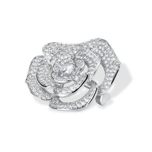 Image of Elegant Crystal Blooming Rose Flower Brooch Lapel Pin Breastpin for Women Birdal Cardigan Hat Scarf Suit Sweater Floral Pins