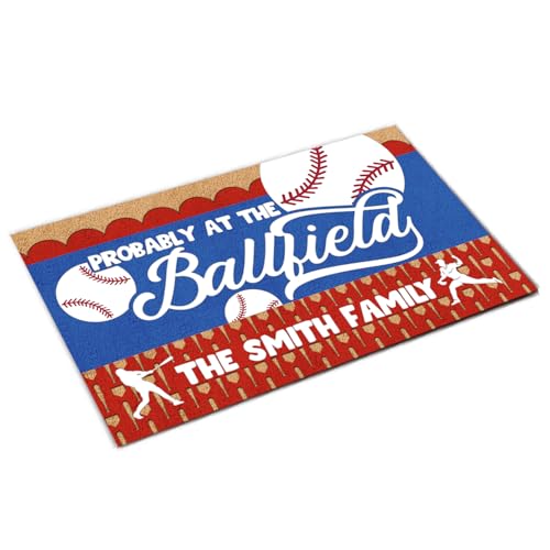 Personalized Baseball Doormat, Probably at The Ballfield Welcome Front Rubber Door Mat, Custom Name Home Porch Decor Outdoor Indoor Entrance Floor Entryway Rug Modern Outside Entry Carpet
