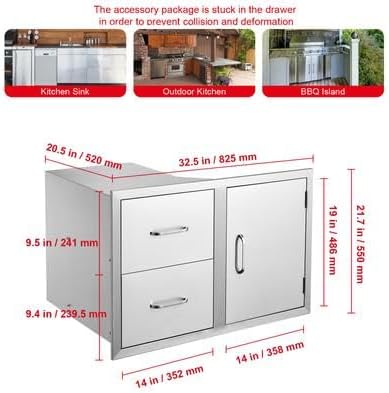 Happybuy Outdoor Kitchen Door Drawer Combo, 32.5" W x 21.6" H x 20.5" D Access Door & Double Drawers with Paper Towel Rack, Stainless Steel Handles, Ideal for BBQ Island and Outdoor Kitchens