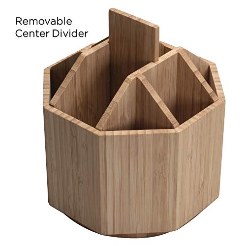 Bamboo Rotating Utensil Holder & Kitchen Organizer, Multiple Compartments, 8 Sections, Store Forks, Serving Spoons, Knives, And Other Cooking Tools With Removable Divider For Customized Storage #TOP1