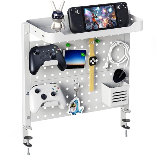 Image of ARES WING Desk Clamp On Pegboard with 16 inches Organizer Shelf, Adjustable Above or Under Desk Storage Shelf Holds 44 lbs, Magnetic Metal Peg Board for Office and Gaming Accessories, White