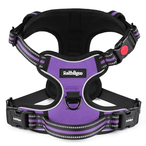 Image of rabbitgoo Dog Harness Medium with Neck Release Buckle, Adjustable No Pull Harness with Front Back Clips, Soft Padded with Easy Control Handle, Reflective Pet Walking Vest, Purple, M