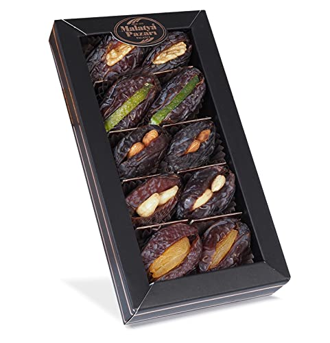 Malatya Pazari Mixed Stuffed Dates Gift Box – Medjool Dates Filled with Nuts & Dried Fruit – Gourmet Healthy Snack & Premium Gift Box, Unique Sweets, Halal, 8.8 Oz (250g)