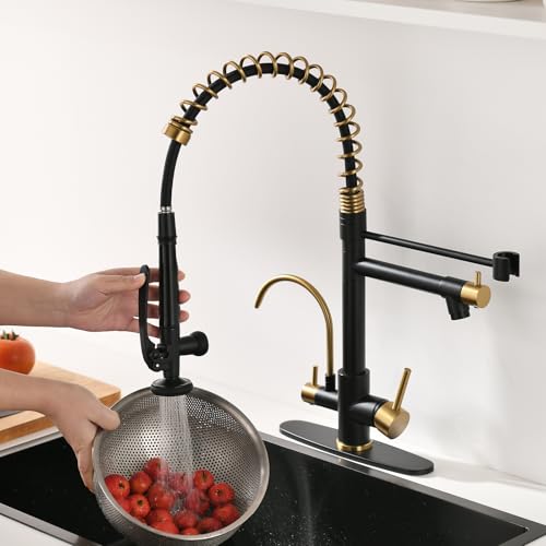 Image of Fapully Commercial Kitchen Faucet with Pull Down Sprayer and Water Filter | Matte Black&Brushed Gold, 3 in 1 Kitchen Faucets with Drinking Water Faucet for Kitchen Sink