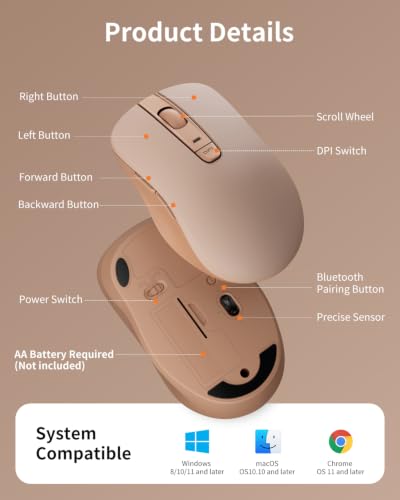 wegear WL300 Bluetooth Mouse Silent Wireless Mice, Quiet Click, Cordless Computer Mouse with 6 Buttons, Sculpted Grip, Adjustable DPI for Laptop, PC, Mac (Brown) - image 8