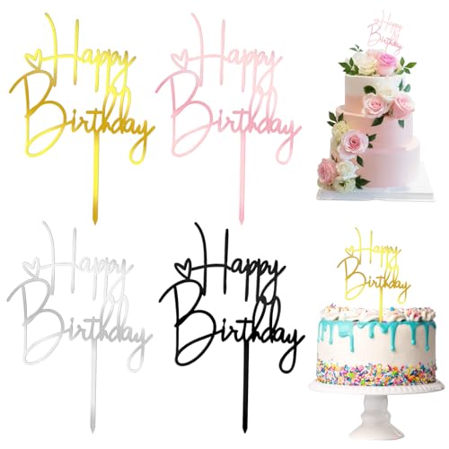 Qianyu 4 Packs Happy Birthday Acrylic Cake Topper Decorations Multiple Colour Cupcake Toppers Supplies for Children or Adults Cake Inserts DIY Cake Sign Party Decoration Ideas Keepsake