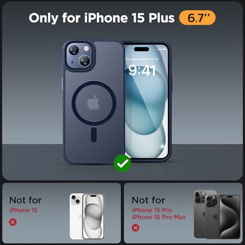 Image of Miracase Magnetic for iPhone 15 Plus Case 6.7 inch (Compatible with MagSafe)(with 2X Screen Protectors) Military-Grade Protection, Anti-Fingerprint Translucent Matte Phone Cover, Dark Blue
