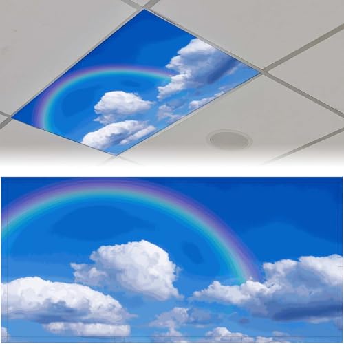 Image of Fluorescent Light Cover for Classroom -2 Pcs Rainbow White Clouds Magnetic Fluorescent Light Covers, Ceiling Light Covers Shade Panel Coverings for Office Classroom Home Drop Ceiling, 4 x 2 Feet