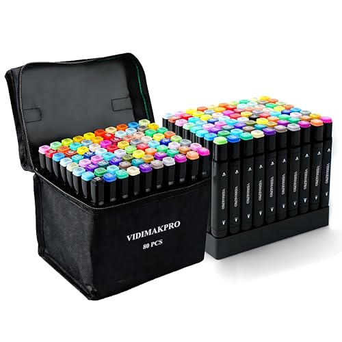 VIDIMAKPRO Alcohol Markers 80 Colors with Base Dual Tip Art Drawing Markers for Kids Students and Adults Comics Sketching Illustration - Refillable