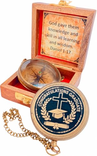 Brújula de Graduación Daniel 1:17, Recuerdo Inspirado en la Fe para Hombres y Mujeres con Cadena Antigua y Estuche de Madera miniatura 1