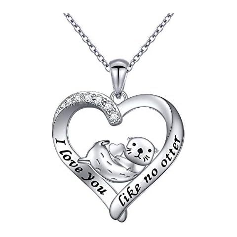 DAOCHONG 925 Sterling Silver Animal Jewelry I Love You Like No Otter Sea Otter Heart Pendant Necklace for Women Cover