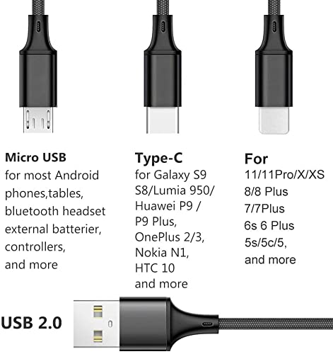 Puxnoin Multi Charging Cable 3Pack, 4Ft 3 in 1 Premium Nylon Braided Multiple USB Charging Cord Type C/Micro USB Connector Compatible with Galaxy S8 and More(Black)