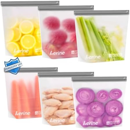 Lerine 6 Pack Reusable Gallon Freezer Bags Silicone Stand-Up Dishwasher Safe, BPA-Free Reusable Gallon Bags, Leakproof Food Storage Bags for Meat Vegetables Bread Travel (Gray) - Thumbnail 2