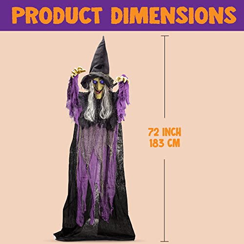 Image of JOYIN 72 inch Halloween Hanging Witch Decorations Outdoor, Flying Talking Ghost Decor Light Up Eyes Sound Activated, Outside Indoor Haunted House Prop for Lawn Yard Garden, Purple