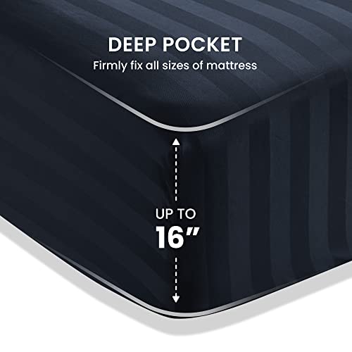 SLEEP ZONE Striped Cooling Sheets Set King Size - Fitted Flat Sheet & Pillowcase Sets 4 Piece - Super Soft Stripe Bed Sheet, Easy Care, Deep Pocket (Navy Blue, King)