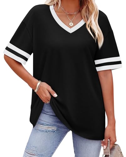 Image of WIHOLL Womens T Shirts Loose Fit Short Sleeve Tees V Neck Color Block Summer Tops 2026 Fashion S-4XL