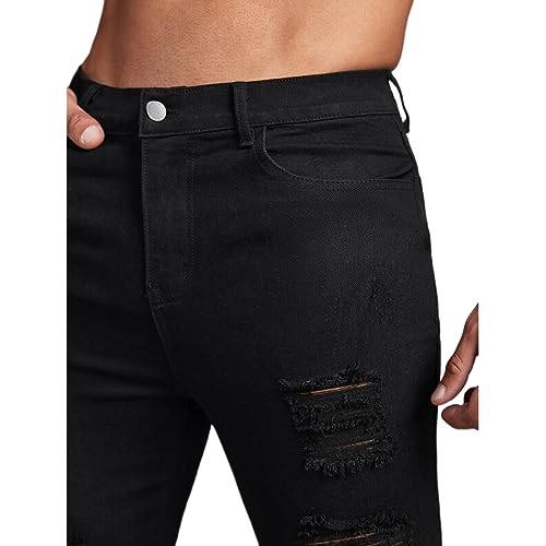 Men's Ripped Distressed Destroyed Slim Fit Straight Leg Denim Jeans Black3