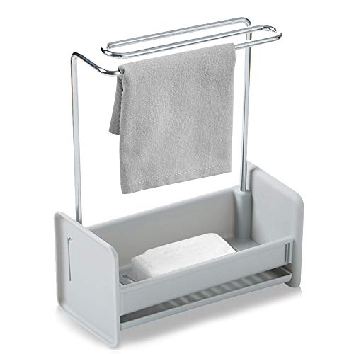 DMFSHI Estante Esponja Cocina, Organizador Fregadero, Toallero De Acero Inoxidable y Soporte De Esponja De Cepillo De Plástico Con Bandeja De Drenaje Extraíble (Gris)