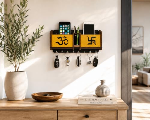 Image of Wooden Om Design TV Remote Mobile Stand Key and Pen Holder for Home, Office, Hall, Living Room Pocket Pen Special Designer Home Furnishing Two Box Wall Mounted Wall Keys Holder