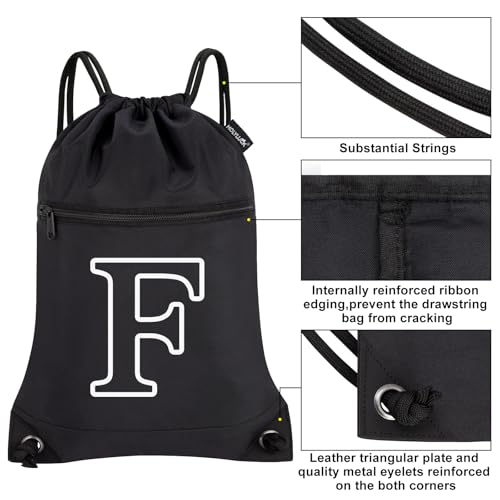 Image of HOLYLUCK Drawstring Bags Initial Backpack Sackpack Cinch Bags for Sports, Gym, Travel, Beach(Black-F)