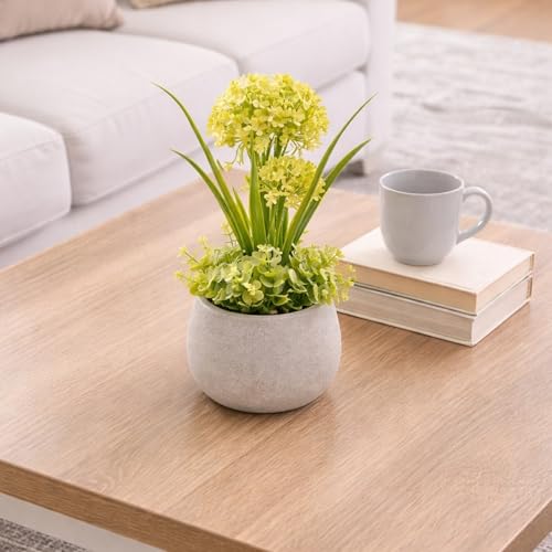 Image of Garden Art Artificial Hydrangea Mini Cluster Bouquet Arrangement in Decorative Pot - Realistic Faux Plant for Living Room Decor (P-0141Yellow)