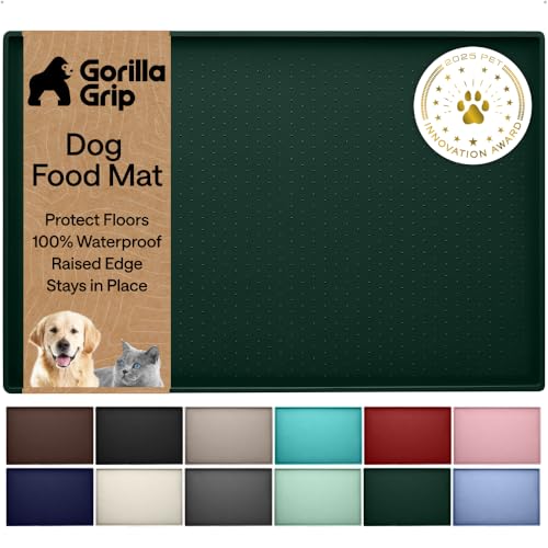 Image of GORILLA GRIP 100% Waterproof Raised Edge BPA Free Silicone Pet Feeding Mat, Dog Cat Food Mats Contain Spills Protects Floors, Placemats for Cats and Dogs Water Bowl, Pets Accessories 16x10, Green