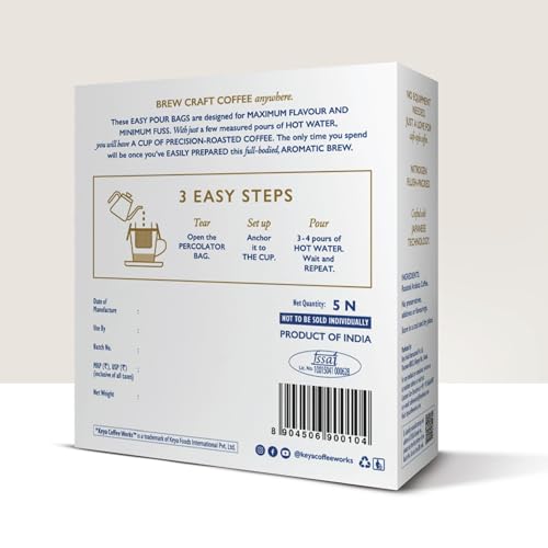 Image of Keya Coffee Works Easy Pour Over Coffee (Pack of 5) | Specialty AA Grade Arabica | Medium Roast | Baarbara Estate | Freshly Roasted | 2-Step Easy Brew Filter Coffee | Chocolate & Hazelnut.
