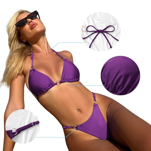 Image of MIKETAI Sexy Bikinis for Women 2 Piece Bikini Spaghetti Strap Swimsuits Solid Color Bathing Swimwear Triangle Bathing Suit
