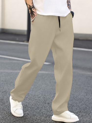 Image of MULAVRI Solid Drawstring Relexed Fit Modern Straight Leg Pants for Men's