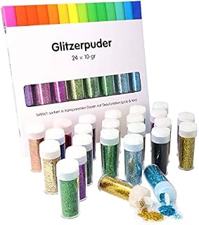 perfect ideaz Set of 24 x 10 g (240 g) Coloured Glitter Powder, 24 Colours, dust for Crafts in tin with Shaker lid, Decorative Sand Ideal for Children's Crafts, Set for Decorating Cards & Paper