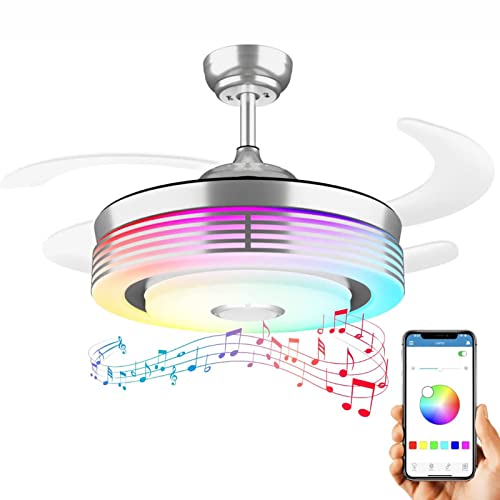 ksxnkhk Ventilador de Techo retráctil Moderno de 42 Pulgadas con Luces y Altavoz Bluetooth Ventilador de Techo Inteligente Que Cambia de Color Ventilador de Techo Invisible de 6 velocidade