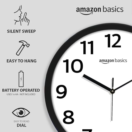 Image of Amazon Basics Plastic 12-Inch Wall Clock | Analog Operation | Durable Polypropylene Construction | Silent Precision | Battery-Powered | 1-Year Warranty (Black)