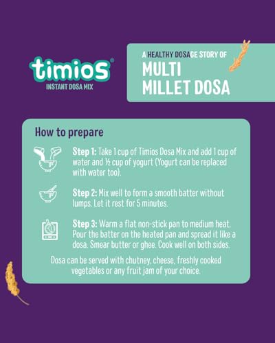 Image of Timios Organic Multi Millet Dosa Mix - Sprouted & Natural, Instant Healthy Breakfast for Kids & Family, No Maida, No Preservatives, Rich in Iron & Fiber, Pack of 2, 300gm