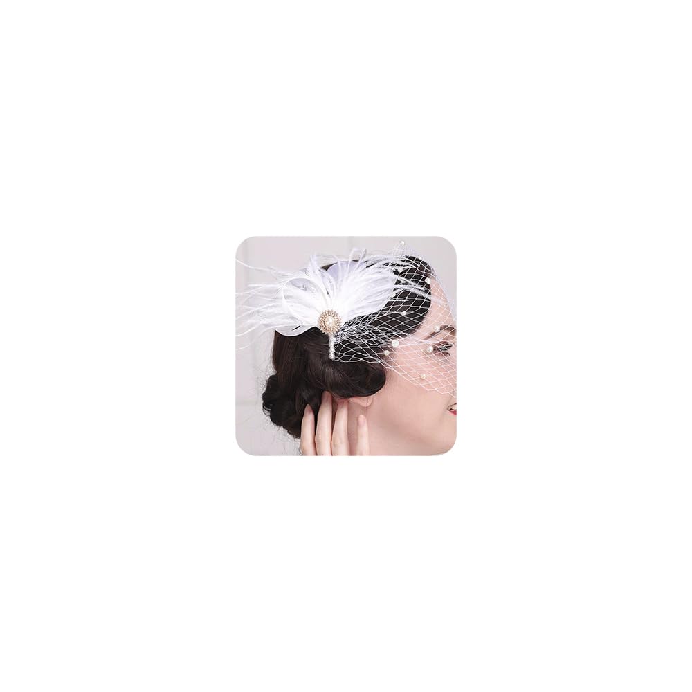Aimimier 1920s Feather Hair Clip with White Birdcage Veil Pearl Peacock Feather Fascinator Flapper Headpiece for Women