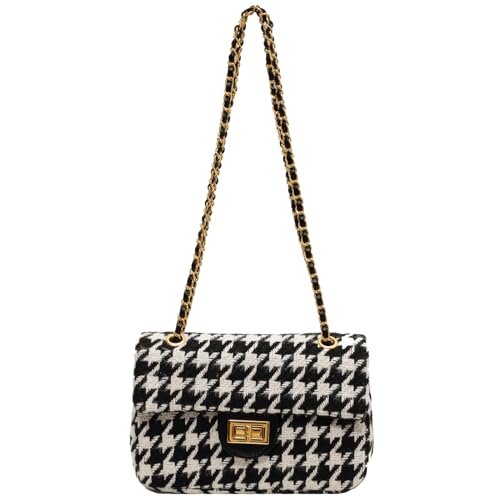 Houndstooth Chain Shoulder Cross body Bag for Women Handbag and purse Fashion Woolen Cloth Clutch (A-Black)