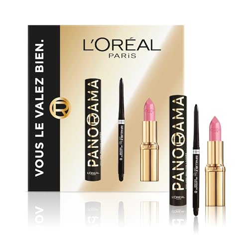 L'Oréal Paris - Coffret Cadeau - Mascara Panorama All Night Black, Eyeliner Infaillible Grip Liner Noir, Rouge à Lèvres Color Riche Satin Rose Tendre -...
