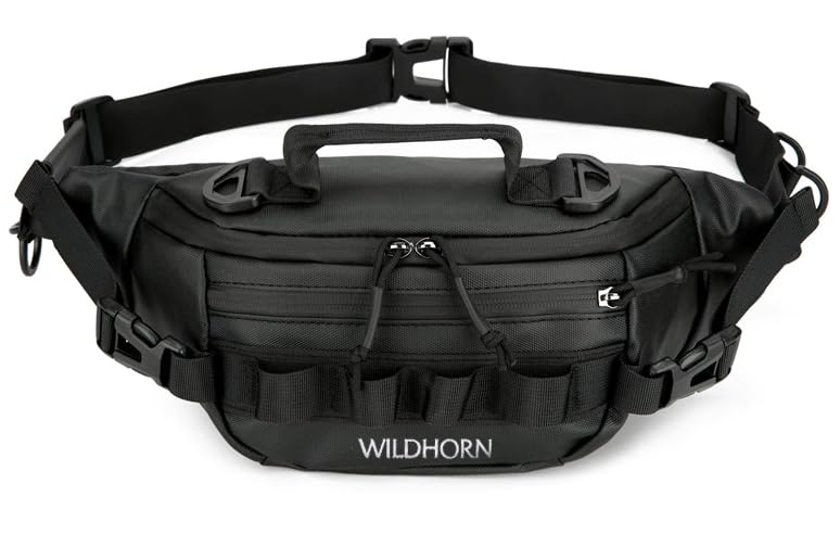 WILDHORN Outdoor Nylon Fishing Waist Bag for Men & Women | Sport Fanny Pack & Tackle Storage Pouch with Multi-Pockets | Adjustable Utility Waist Pack for Fishing, Travel & Gym (Black)
