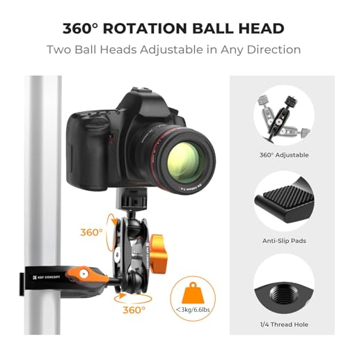 K&F CONCEPT Super Clamp with Dual Ballhead Magic Arm, Camera Mount Clamp with Action Camera Phone Holder, 1/4" Threads Tripod Clamp Compatible with GoPro DJI, MS13