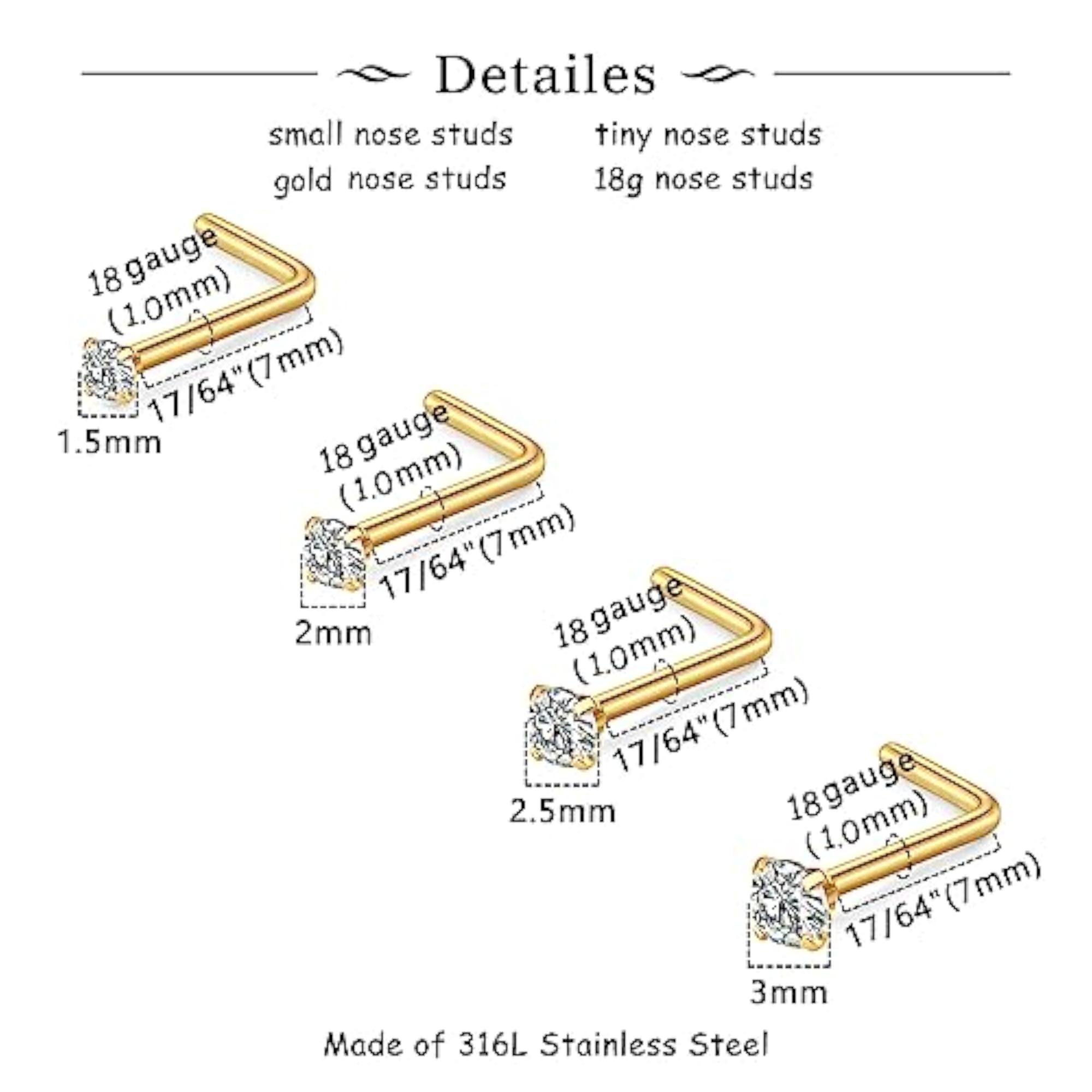 Surgical Stainless Steel Nose Studs with Diamond Design