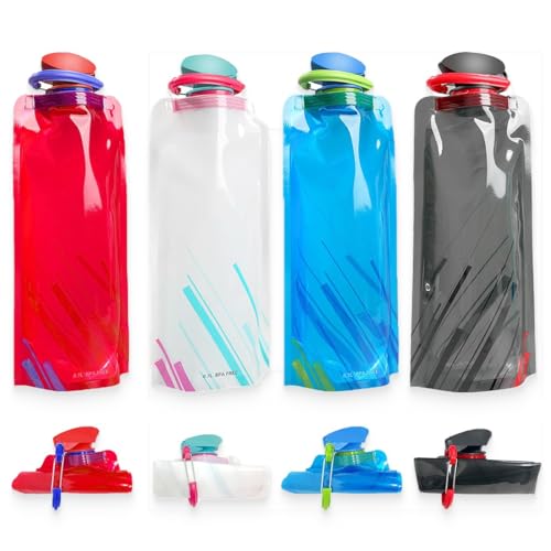 KUMSODE 4 Pezzis 700ML Bottiglia D'acqua Pieghevole, Borraccia Pieghevole Borraccia Morbida Riutilizzabile Pieghevole Bottiglia Flessibile Portatile per Escursionismo, Adventures, Viaggi