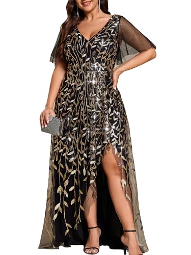 Ever-Pretty Women's Plus Size Gorgeous A Line High Low Slit Sequin Embroidered Formal Evening Dress with Sleeves 2083-DA