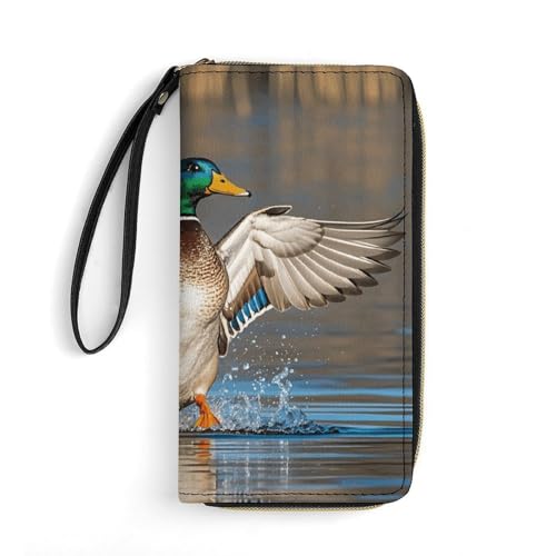 Women Wallets Hunting Flying Wild Ducks Leather Wallet for Women Thin Wallet with Zipper Pocket Card Holder