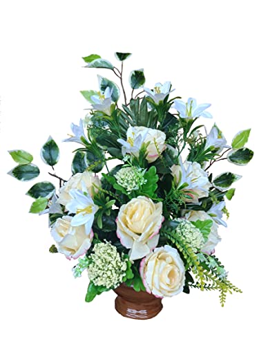 DRW Centro de flores artificiais cemitério, santos, aniversários rosa amarelas e campainhas brancas 55 cm largura x 60 cm altura x 25 cm profundidade (aprox)