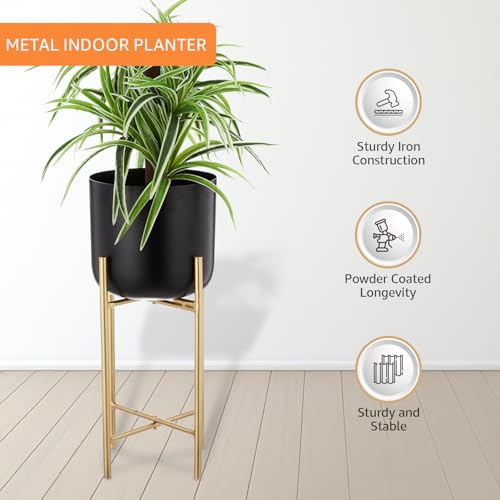 Image of amazon basics Planter with Stand | Flower Pot for Home Decor and Indoor and Outdoor Gardening | Set of 2 (Black Finish)