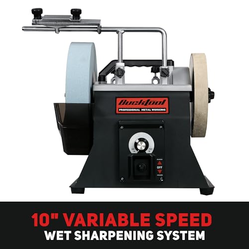 BUCKTOOL 10-Inch Variable Speed Wet Sharpening System, 1.2-Amp Two-Direction Water Cooled Wet Stone Grinder 90-160RPM, Wet Bench Grinder for Knife, Chisel, Knife, Axe, SCM8103