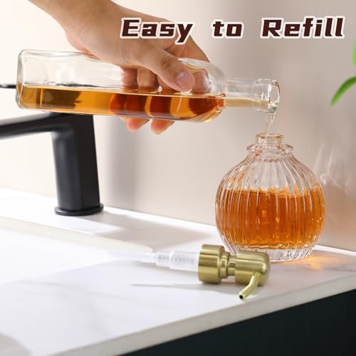 Image of Round Bathroom Soap Dispenser Gold Pump, Glass Bottle with Stainless Steel Pump Liquid Soap Dispenser Sphere Counterto Hand Kitchen