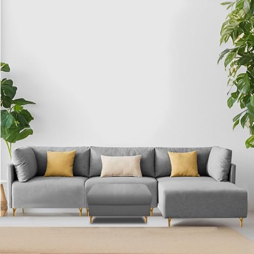 Image of Carina RHS 4 Seater L Shape Sofa Set with Center Table for Living Room (Grey Fabric) Premium Fabric Sofa