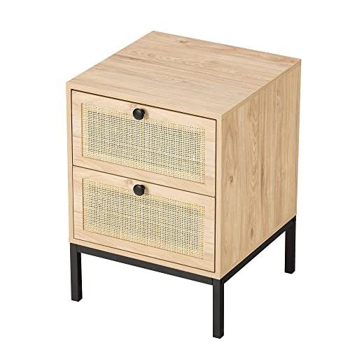 Xiao Wei Rattan Nightstand Set Of 2 With Handmade Natural Rattan Drawers, Bedside Tables, End Table, Rattan Side Table, Wood Nightstand, For Bedroom, Living Room, Metal Legs #TOP6