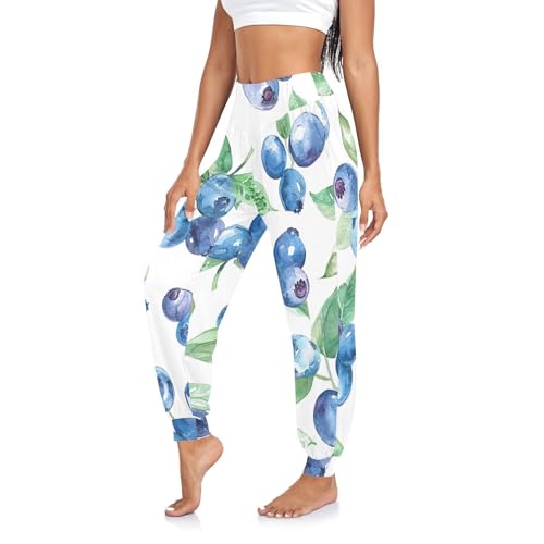 RPLIFE Pantalon de yoga ample pour femme, sarouel, bleuets, blanc, pantalon de survêtement pour les vacances d'été, Myrtilles blanches, Taille L